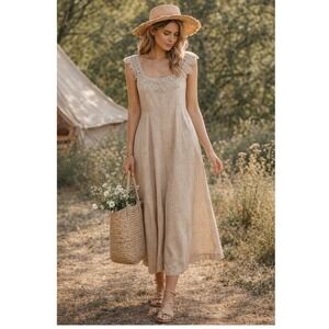 Old Navy Linen‎ Blend Square Neck Midi Dress Crochet Lace Trim Beige Size Medium